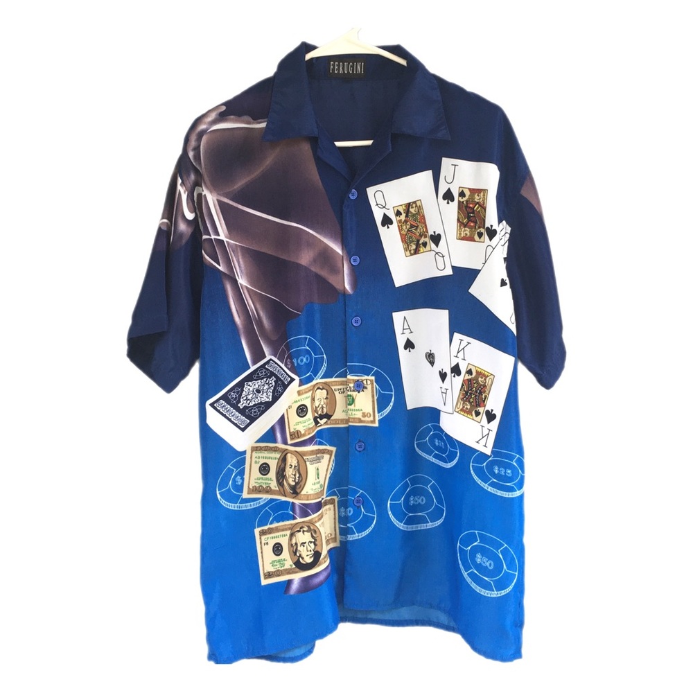 Vtg Ferugini Single Stitch Las Vegas Hawaiian Button Up Shirt Casino Pok…